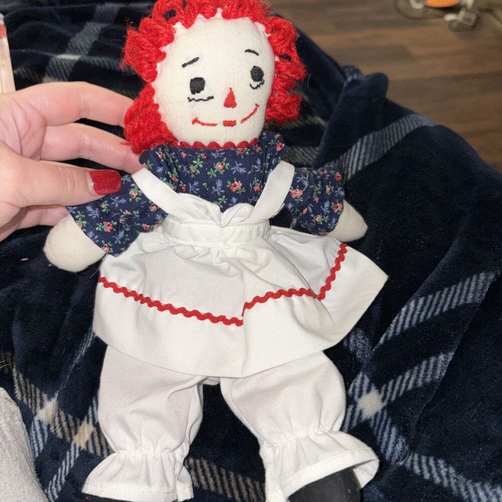 Vintage Raggedy Ann Doll Blue Prairie Dress with apron & Stripe socks
